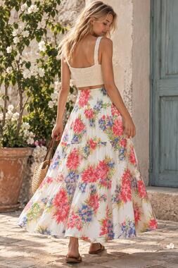 Chaps Denim Floral Tiered Maxi Skirt L 10/12 Cotton Boho Coastal Cottagecore